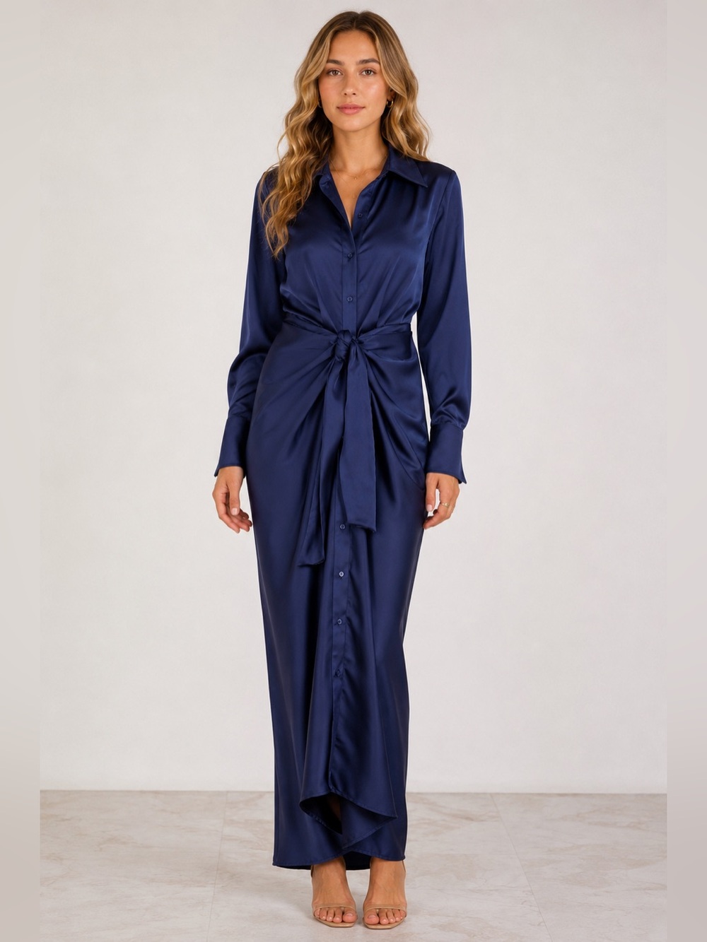 Lavender Brown Satin Birdie Long-Sleeve Maxi Dress